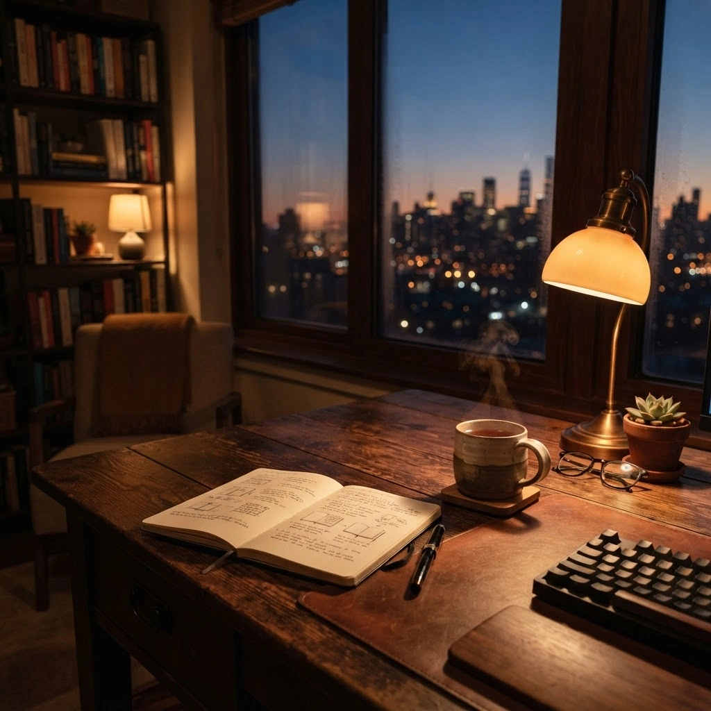 An inviting evening desk with a warm lamp, tea, and an open notebook